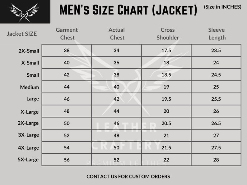 May include: A men's size chart for jackets, showing measurements in inches for jacket size, garment chest, actual chest, cross shoulder, and sleeve length.