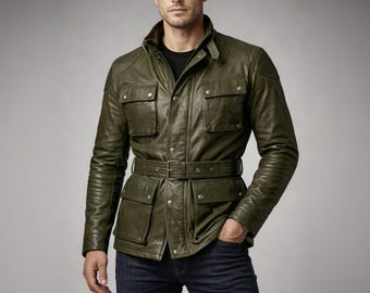 Men's Handmade Lambskin Leather Military Field Jacket – Slim Fit Belted Coat