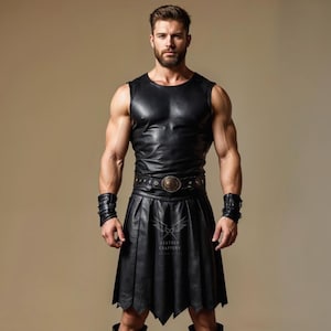 Medieval Warrior Armor – Genuine Leather Cosplay Costume, Roman Spartan Outfit, LARP Festival Skirt and Vest, Gladiator Leather Kilt & Armor