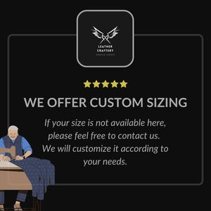 May include: A graphic with the text "WE OFFER CUSTOM SIZING" and the text "If your size is not available here, please feel free to contact us. We will customize it according to your needs."  The graphic also includes a cartoon illustration of a person sewing on a sewing machine.