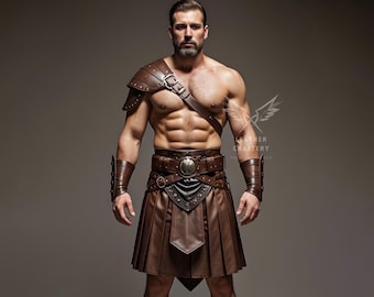 Greek Warrior Leather Kilt & Harness | Genuine Leather Brown Cosplay Costume | Leather Kilt With Chest Harness | Handmade Leather Costume