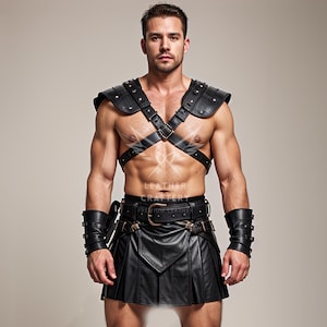 Ręcznie robiony skórzany kilt gladiatora i uprząż | Kostium cosplay