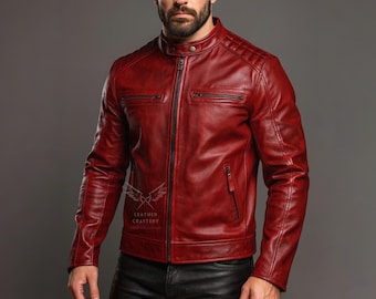 Men's Handmade Red Genuine Leather Cafe Racer Jacket – Vintage Biker Slim Fit Coat