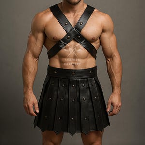 Peut inclure: Harnais et jupe plissée en cuir noir. Le harnais présente un design en forme de X avec des clous. La jupe a un design plissé avec des détails cloutés. La tenue est conçue pour un look audacieux et avant-gardiste.