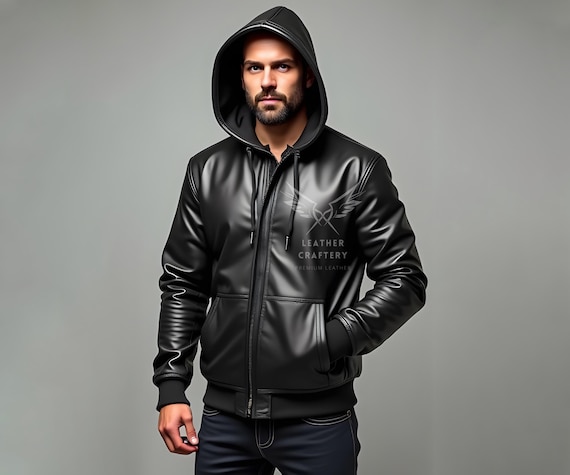 Handmade Genuine Sheep Leather Hoodie – Black Streetwear Jacket