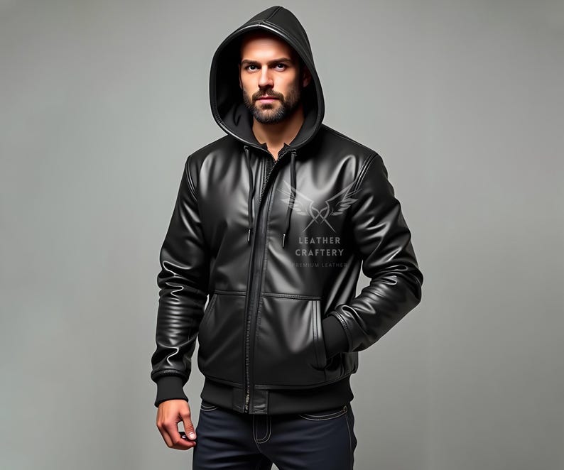 May include: A black leather jacket with a zip fastening and a hood. The jacket has a "LEATHER CRAFTERY" logo on the front.