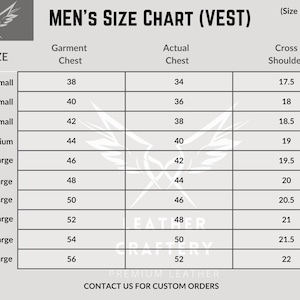 May include: A size chart for vests, with measurements in inches. The chart includes sizes from 2X-Small to 5X-Large, detailing garment chest, actual chest, and cross shoulder measurements. The text "MEN'S SIZE CHART (VEST)" is at the top.