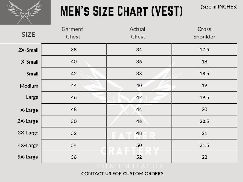 May include: A size chart for vests, with measurements in inches. The chart includes sizes from 2X-Small to 5X-Large, detailing garment chest, actual chest, and cross shoulder measurements. The text "MEN'S SIZE CHART (VEST)" is at the top.