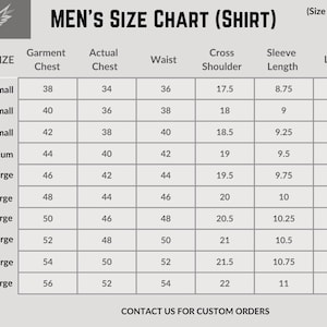 May include: A size chart for shirts, with measurements in inches. The chart includes sizes from 2X-Small to 5X-Large, detailing garment chest, actual chest, waist, cross shoulder, sleeve length, and length measurements.