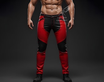 Handmade Genuine Leather Biker Pants – Red & Black Gothic Rocker Jeans