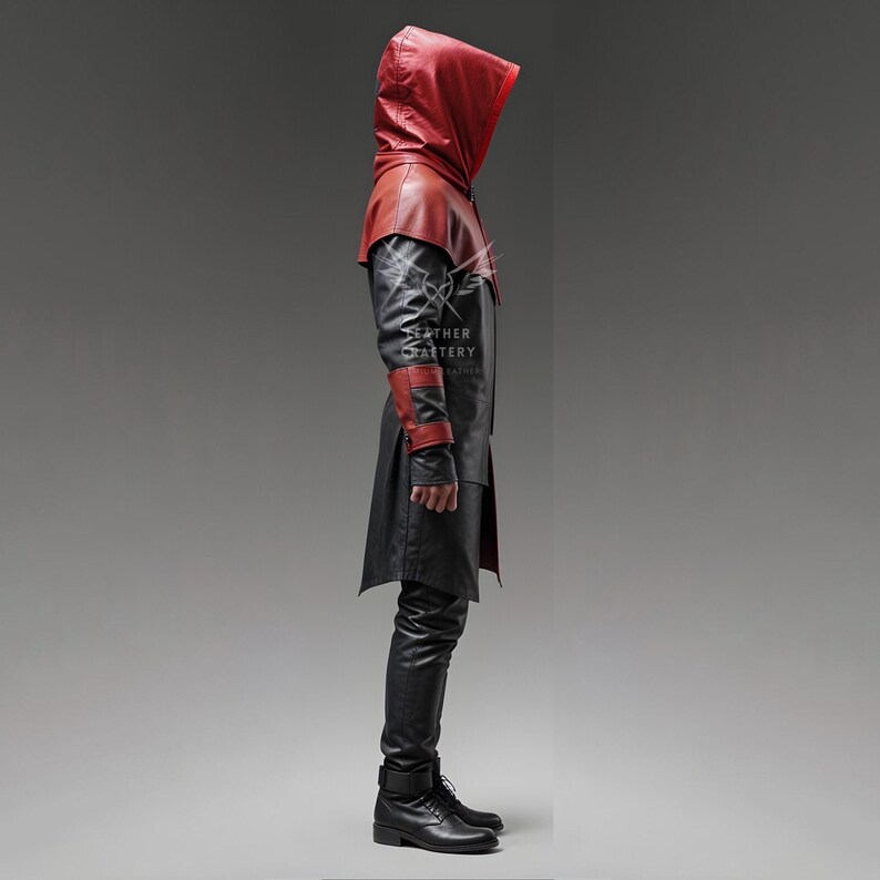 May include: A black and red leather hooded coat with a long, flowing design. The coat has a zipper closure and a high collar. The hood is lined with red leather and has a drawstring closure.