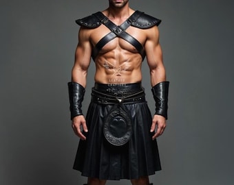 Genuine Leather Gladiator Kilt & Harness Set: Medieval Cosplay Costume