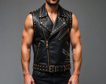 Men’s Studded Black Leather Vest – Handmade Biker Punk Moto Vest