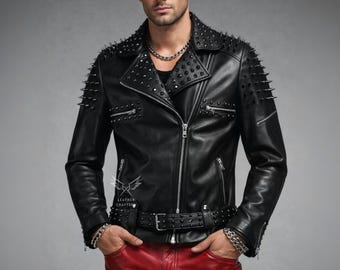 Handmade Black Leather Studded Biker Jacket – Punk Rock Spiked Moto Slim Fit