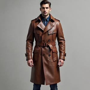 Handmade Leather Trench Coat - Brown Double-Breasted Long Overcoat - Belted Vintage Military Style Jacket - Steampunk Coat - Men&#39;s Long Coat