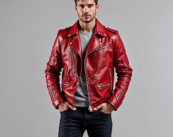 Men's Red Leather Biker Jacket - Genuine Lambskin Moto