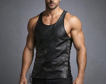 Men's Sheepskin Leather Vest – Handmade Side Lace Biker Tank Top
