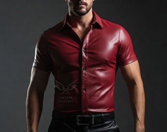 Handmade Red Leather Shirt – Men's Short Sleeve Biker Top