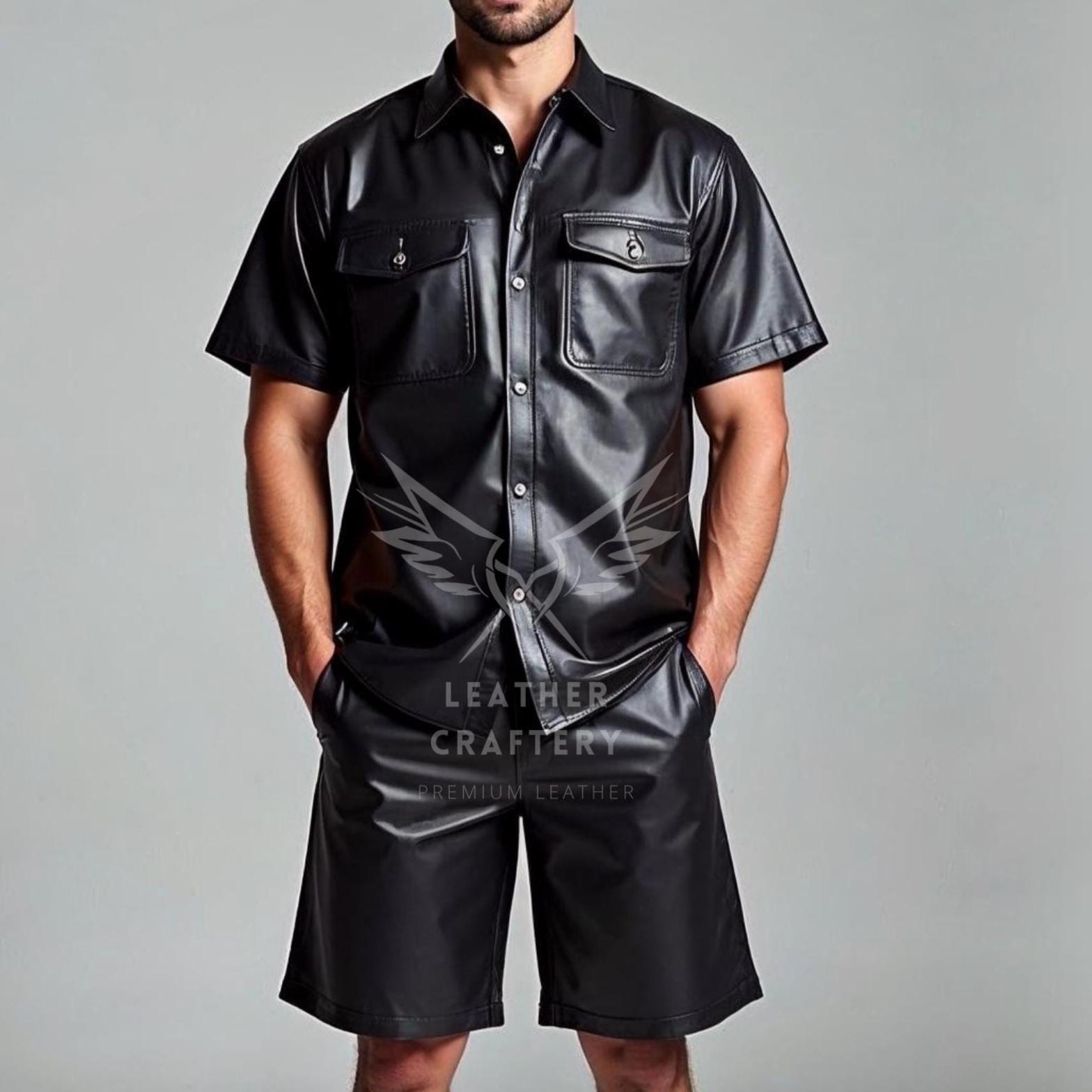 【BREATH】FAXU LEATHER GAME SHIRT&SHORTS L Handmade Men's Black Leather Shirt & Shorts Set | Summer Festival