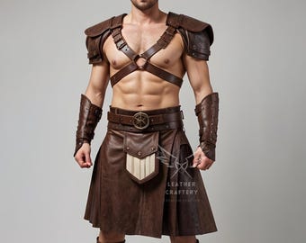 Kilt de gladiador e peitoral feitos à mão em couro – Traje romano, armadura para LARP
