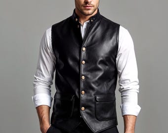 Handmade Black Sheepskin Leather Vest - Steampunk Victorian Gilet