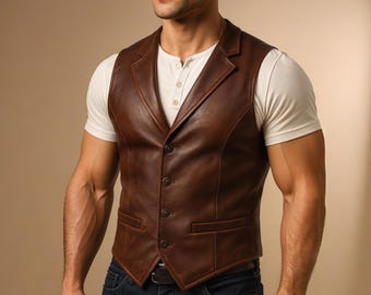 Handgemaakt bruin leren cowboyvest – vintage westerngilet