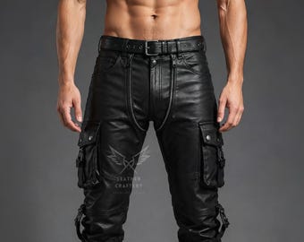 Handmade Black Leather Cargo Pants - Gothic Punk Biker Motorcycle Techware Tactical Trousers
