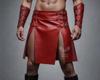 Handmade Red Leather Gladiator Kilt – Gothic Punk Warrior Cosplay Outfit