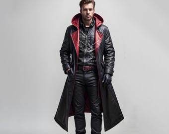Handmade Black Leather Hooded Trench Coat – Cyberpunk Gothic Duster