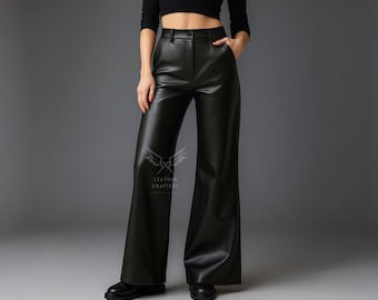 Women’s Handmade Black Sheepskin Leather Wide Leg Pants - High Waisted Genuine Leather Palazzo Trousers