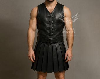 Handmade Leather Gladiator Armor Vest & Kilt: LARP Cosplay Costume
