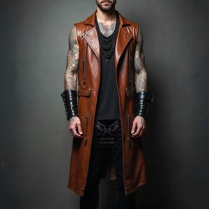 Handmade Long Brown Leather Vest - Genuine Leather Sleeveless Trench Coat, Gothic Steampunk Festival Jacket, Medieval Leather Duster Vest