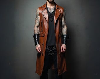 Handmade Long Brown Sheepskin Leather Vest - Gothic Steampunk Style