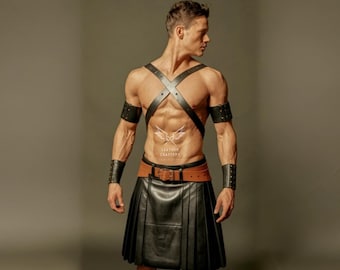 Handmade Black Leather Kilt & Harness Set – Gladiator Costume