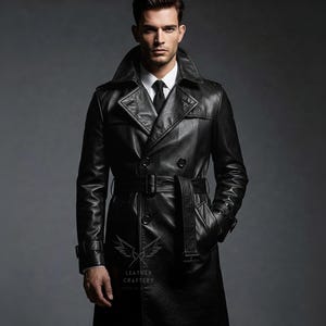 Handmade Black Leather Trench Coat - Genuine Sheep Leather Overcoat - Gothic Victorian Steampunk Trench Coat - Military Long Leather Jacket