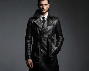 Handmade Black Sheep Leather Trench Coat – Gothic Steampunk Overcoat