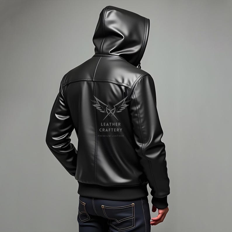 May include: Black leather jacket with a zippered hood. The jacket has a  "Leather Craftery" logo on the back.