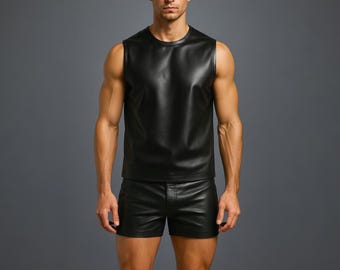 Men’s Genuine Black Leather Sleeveless Shirt & Shorts Set - Handmade Fetish Clubwear