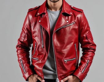 Men's Red Lambskin Leather Biker Jacket – Handmade Slim Fit Moto