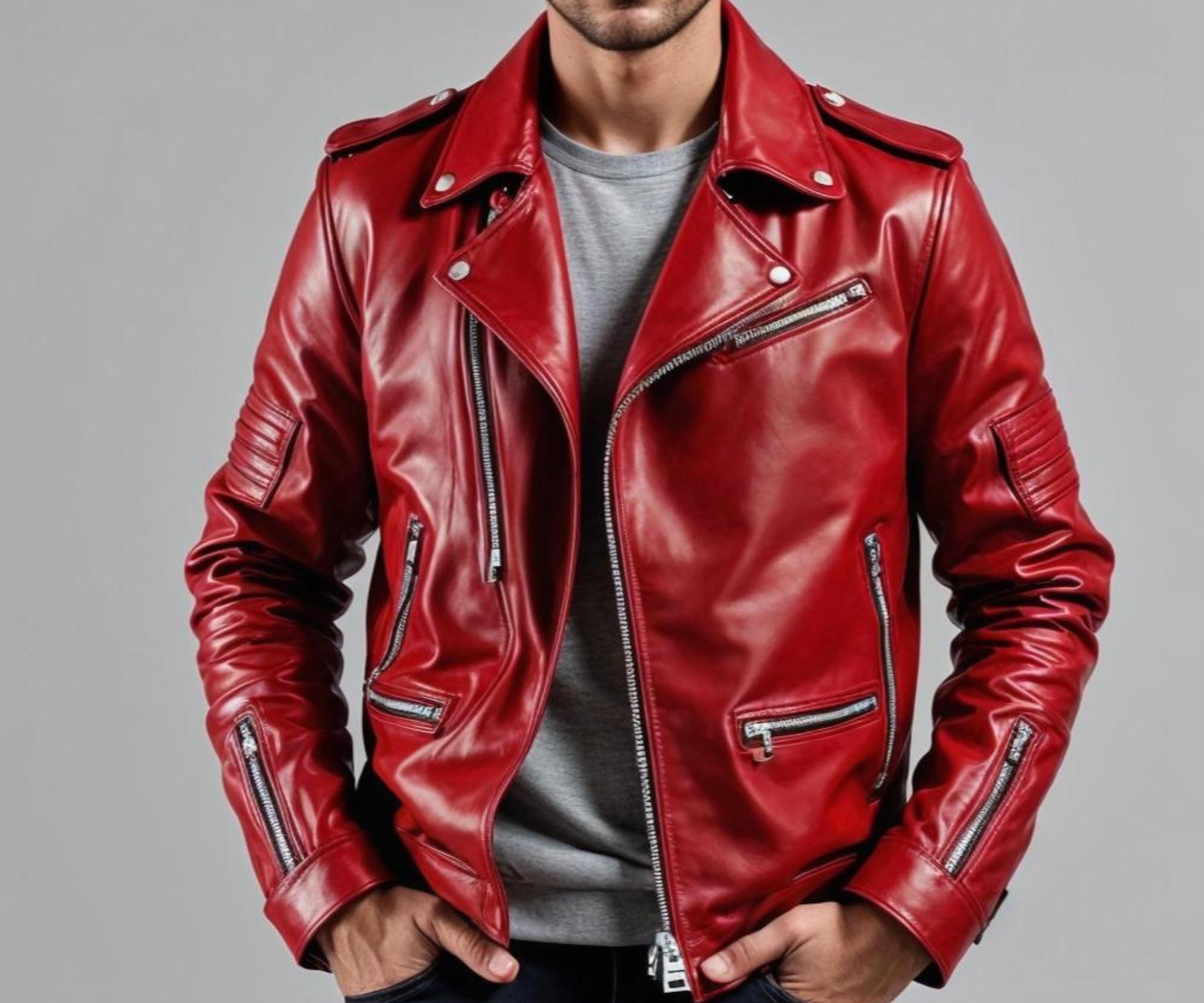 Red leather jacket men - Etsy 日本