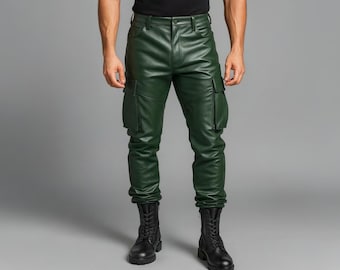 Handmade Green Sheepskin Leather Cargo Pants – Slim Fit Biker Trousers