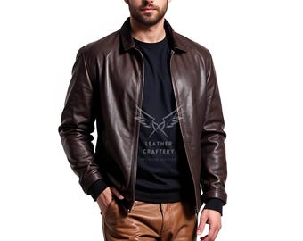 Chaqueta bomber de cuero marrón oscuro para hombre, hecha a mano, para motociclista.