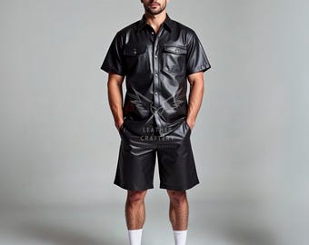 Black Leather Short-Sleeve Jacket and Shorts Set - Black Amazon.com: Molilove Women main image 2