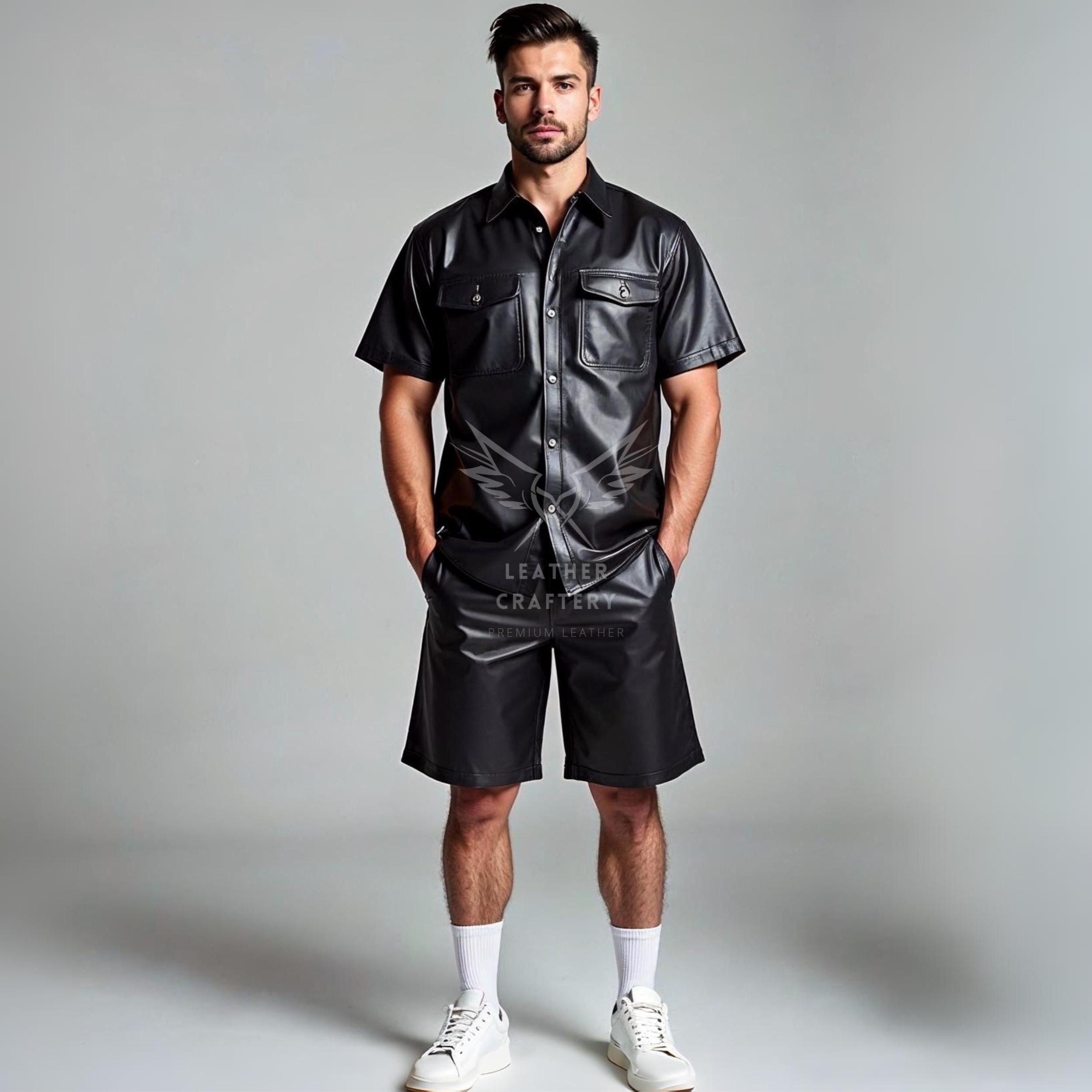 Handmade Men's Black Leather Shirt & Shorts Set | Summer Festival