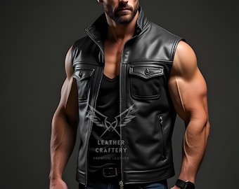 Handmade Sheep Leather Biker Vest | Muscle Fit Bar Outfit - Etsy