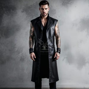 Men&#39;s Genuine Leather Long Vest - Gothic Sleeveless Trench Coat - Punk Rock Vest - Cyberpunk Leather Duster - Handmade Long Leather Vest