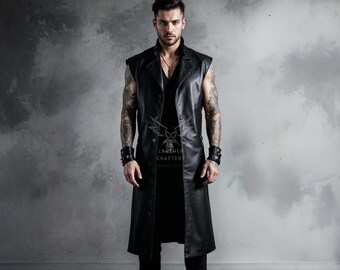Handmade Mens Leather Long Vest - Gothic Sleeveless Trench Coat