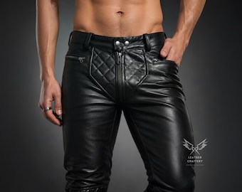 Men's Quilted Black Leather Biker Pants – Slim Fit Moto Trousers – Cowhide Motorcycle Jeans