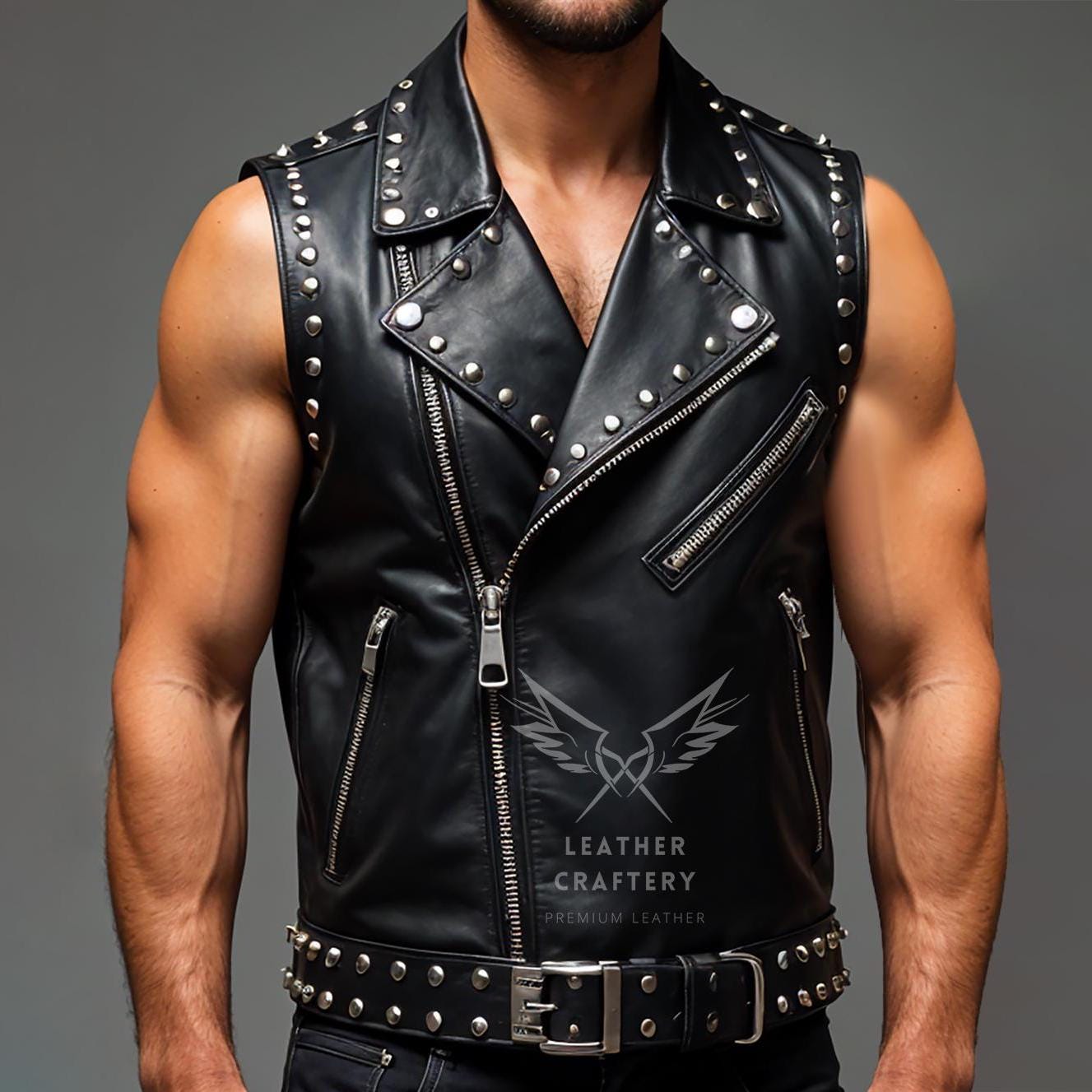 希少。Mountain Mike's Reproductions Vest Men's Black Studded Leather Vest - Handmade Punk Rock Biker