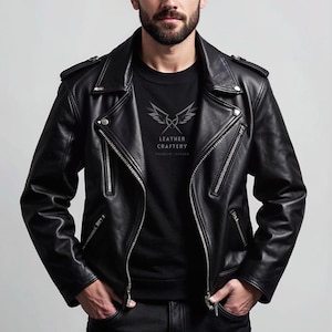 Blouson en cuir véritable pour homme - Blouson en cuir noir - Manteau en cuir véritable fait main - Blouson de moto classique - Cadeau pour lui - Blouson de motard vintage